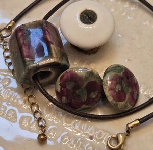 Vintage Painted Floral Ceramic Cylinder Pendant Necklace w/ Clip-on Earrings